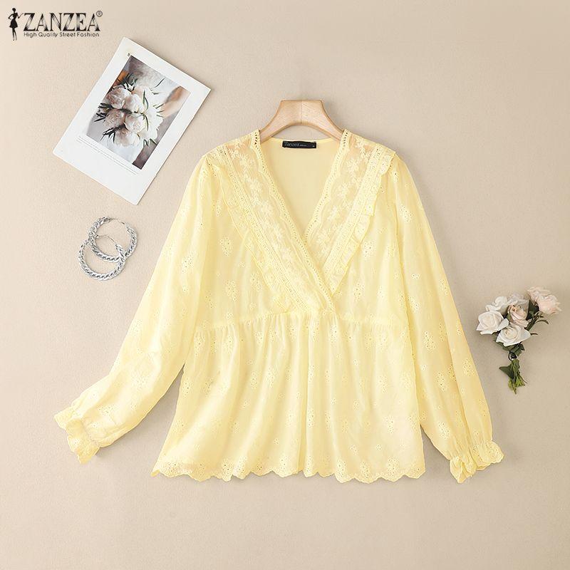 ZANZEA Women Casual V Neck Long Sleeve Crochet Patchwork Loose Blouse