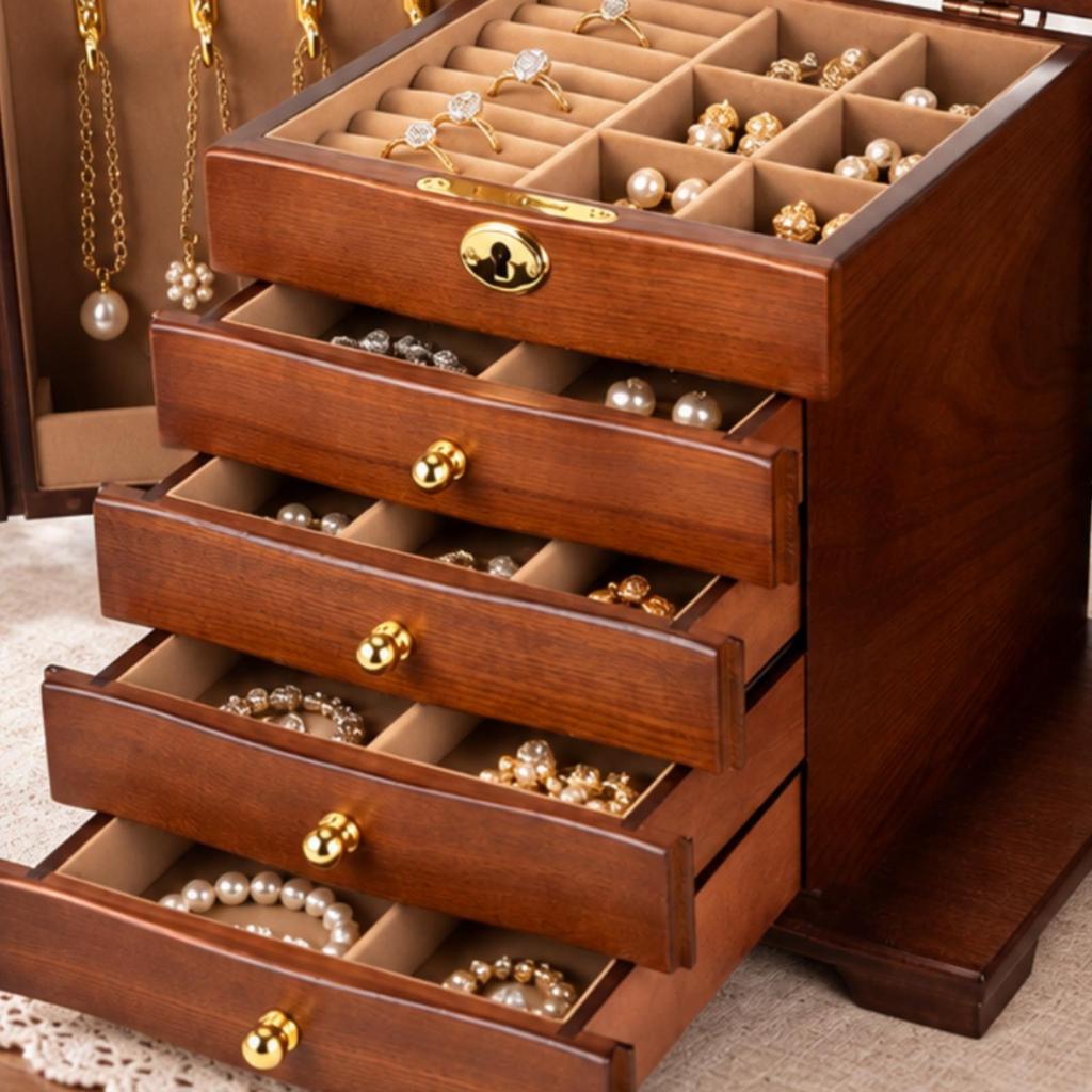 Jewelry Box with Drawers and Side Compartments Solid Wood