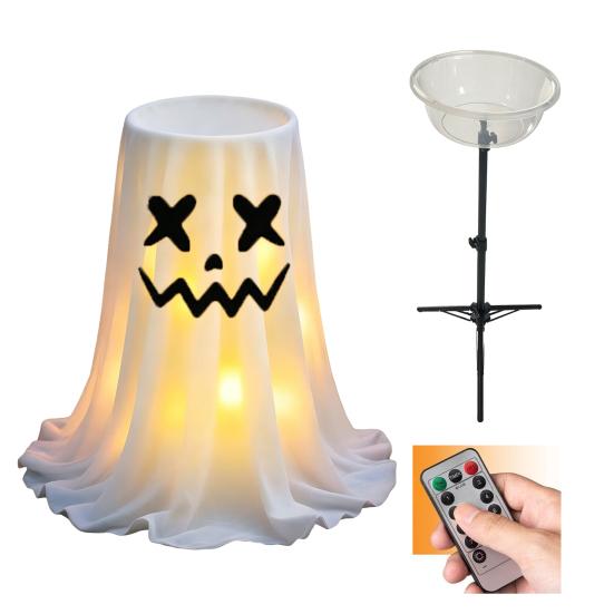 Decoração de Halloween Yousheng com Luz LED de 8 Modos com Controle Remoto, Tigela de Doces Fantasma com Suporte de Tripé, Porta-Doces Fantasma Fofo para a Frente