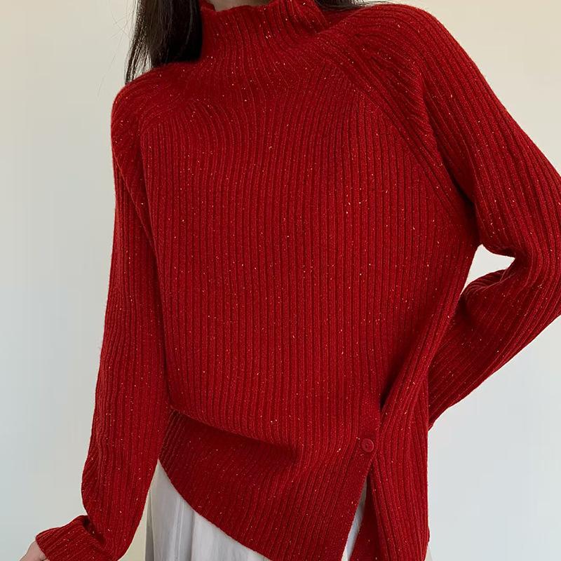 

Design sense pit strip side button Quan wool knitted sweater top autumn and winter warm inside with lazy style fashion sweater L красный