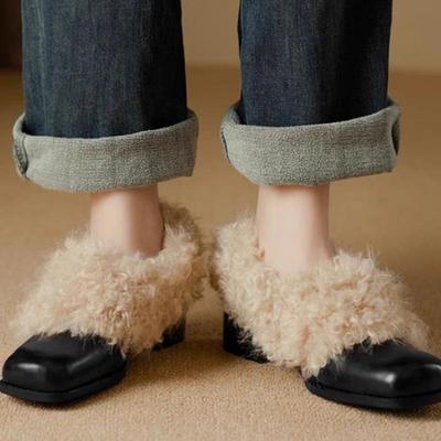 Women's Thick Heel Cotton Shoes Winter New Square Head Deep Mouth Leather Anti-slip Wear Woolen Shoes