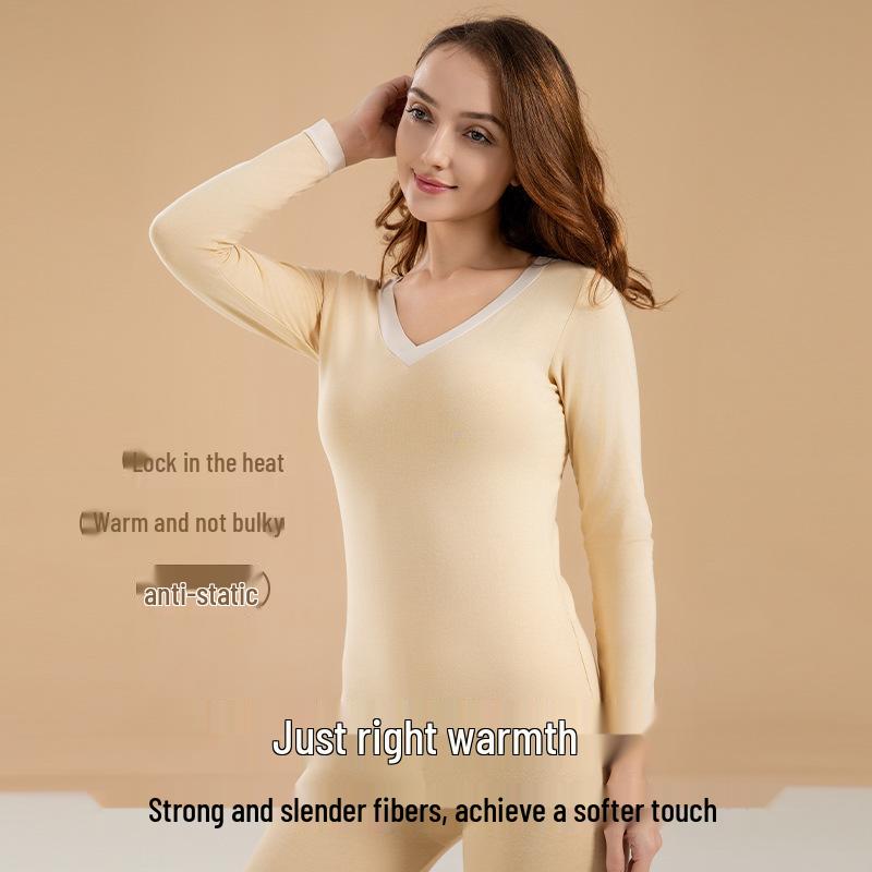 Women's V-Neck Pure Cotton Warm Base Layer Set - Autumn/Winter