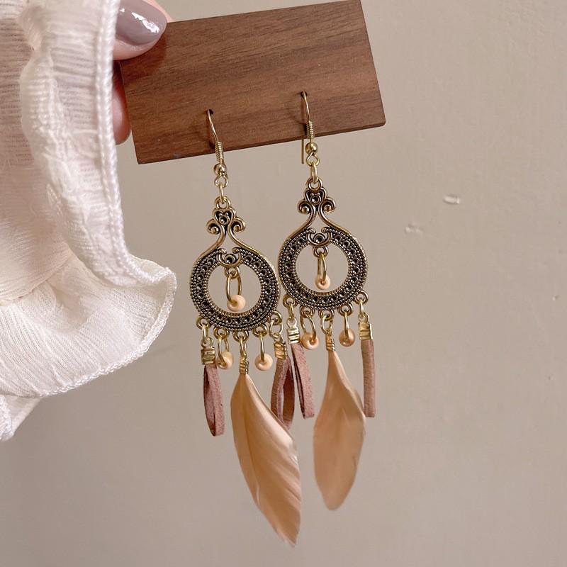 Bohemian Feather Seed Bead Tassel Earrings - Retro Ethnic Dangle Jewelry