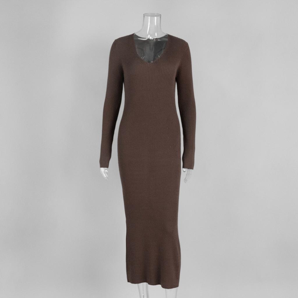 Einfarbige Langarm-Strickkleid Damen Europäisch, Amerikanisch Herbst und Winter Neu Temperament V-Ausschnitt Figurbetont Hüftumhüllend Strickkleid