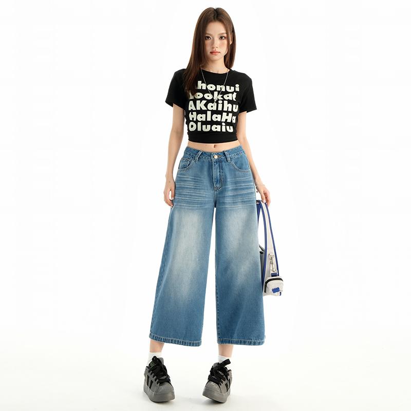 High Waist Calf-Length Denim Pants Women'S Retro Washed Harajuku Wide Leg Jeans Casual Loose Y2K Streetwear Mid Long Denim Jeans