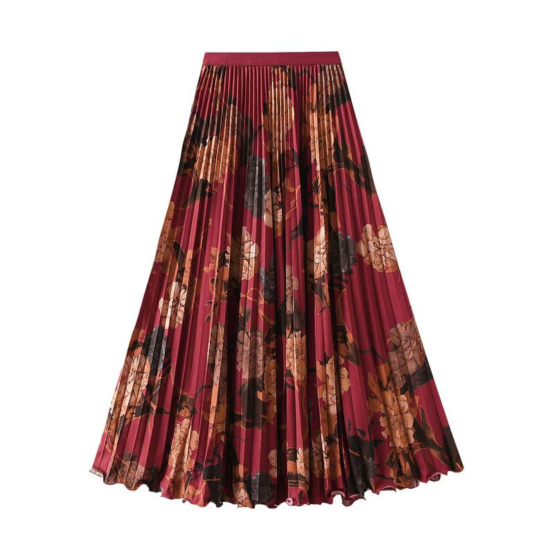 

Women s Pleated Midi Skirt Chiffon Elastic High Waist Long Skirts Swing A-Line Boho Flowy Skirts Outfits Casual Beach Ruffled Maxi Skirt for Women One size красный