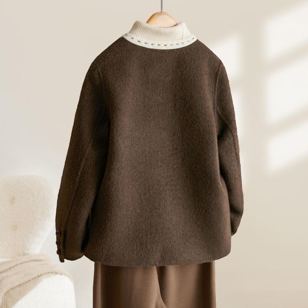 2025 Autumn/Winter Handmade Double-Sided Wool Cropped Coat - Round Neck, Versatile Design
