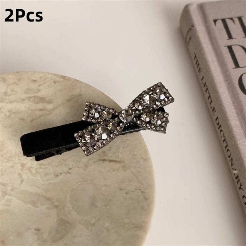 2Pcs Red Black Velvet Bow Rhinestone Hair Clip Women New Year Atmosphere Retro Duckbill Clip Fashion Hair Accessories Gift