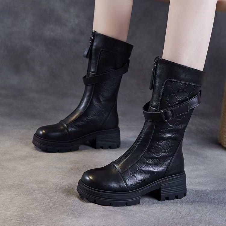 Women's Genuine Leather Knee-High Martin Boots, 2025 Autumn/Winter, British Style, Thick Sole, Plus Velvet.