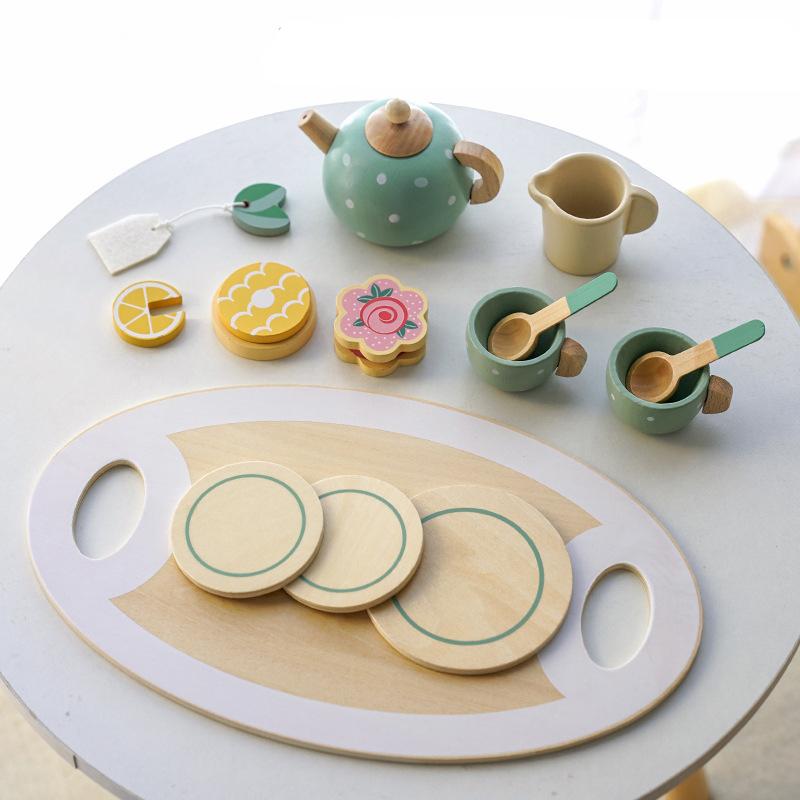 Tea Party Tableware Wooden Handiccraft Toy Kitchen Pretend Play Set for Toddlers Kids Birthday Gift Favors Kitchen Toys Gift