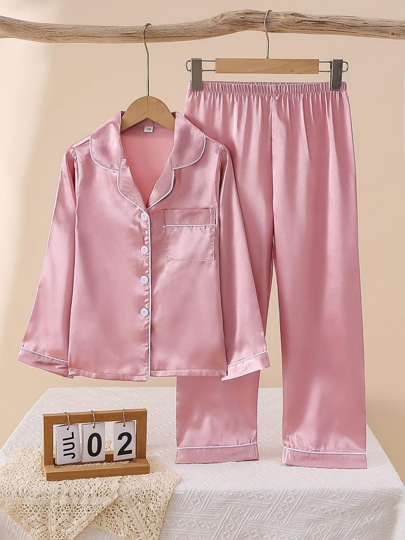 Girls Pink Ice Silk Pajamas - Long Sleeve & Pants, Cute Pure Color Size 130