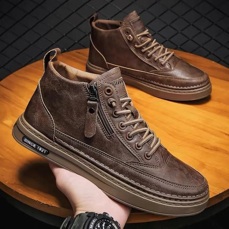 Fashion Autumn Winter Men s High Top Casual Leather Shoes Non slip Zipper Men s Sports Shoes Men Loafers Shoes 39 3449₽