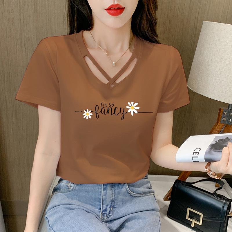 2025 Women's Korean Style V-Neck Short-Sleeve Solid Color T-Shirt