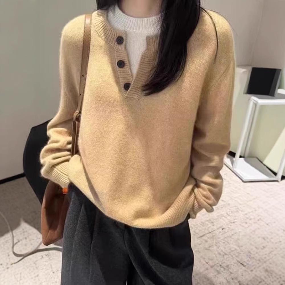 Women's 100% Wool Autumn/Winter Sweater - Two-Piece Look, Half-Open Collar, Loose Fit, Versatile Knitwear for Layering