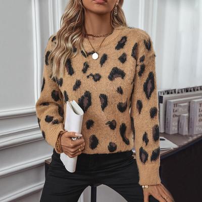 New Autumn and Winter Women's European and American Fashion Leopard Print Jacquard Brushed Sweater Women's Coat
