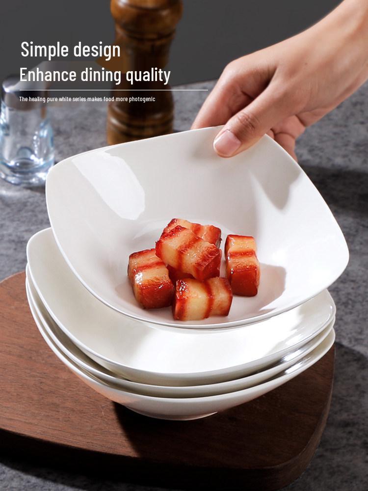 Microwaveable Pure White Ceramic Plate Set: Includes 4/6 Upturned Corner Bowls for Fruits, Soups, and Cold Dishes.