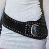 PU Leather Female Waist Belt with Irregular Buckle Rivets Decors PU Waist Belt Hollowed out Waistband for Coat Shirt