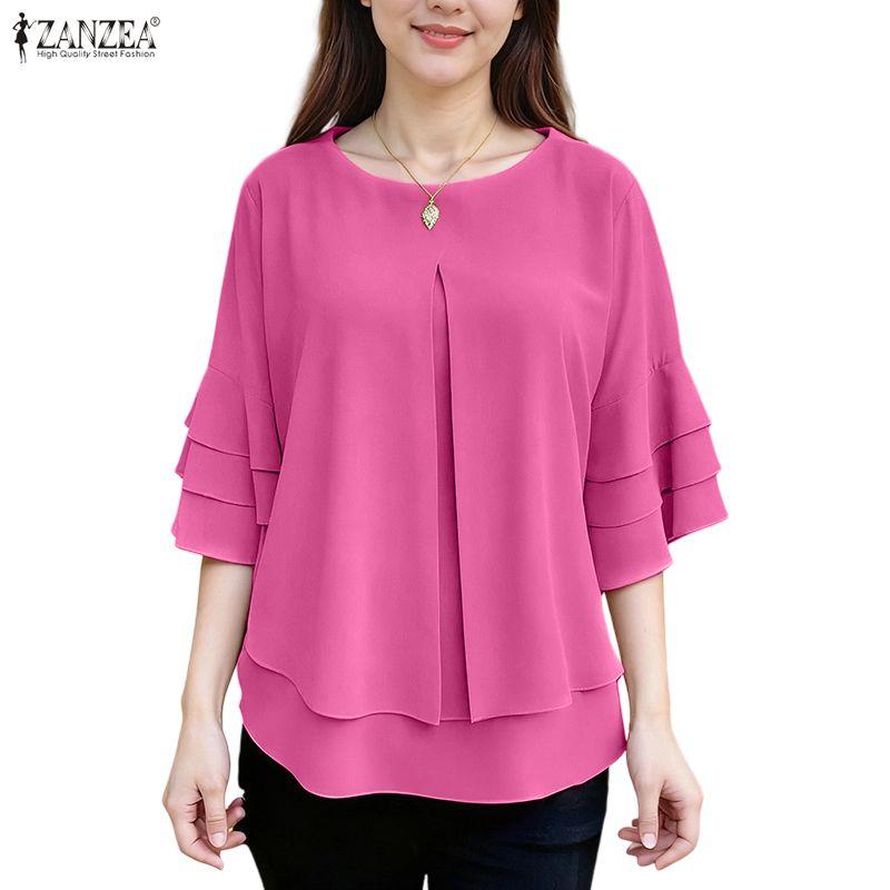 ZANZEA Women Casual Round Neck Solid Color Loose 3/4 Sleeve Blouse