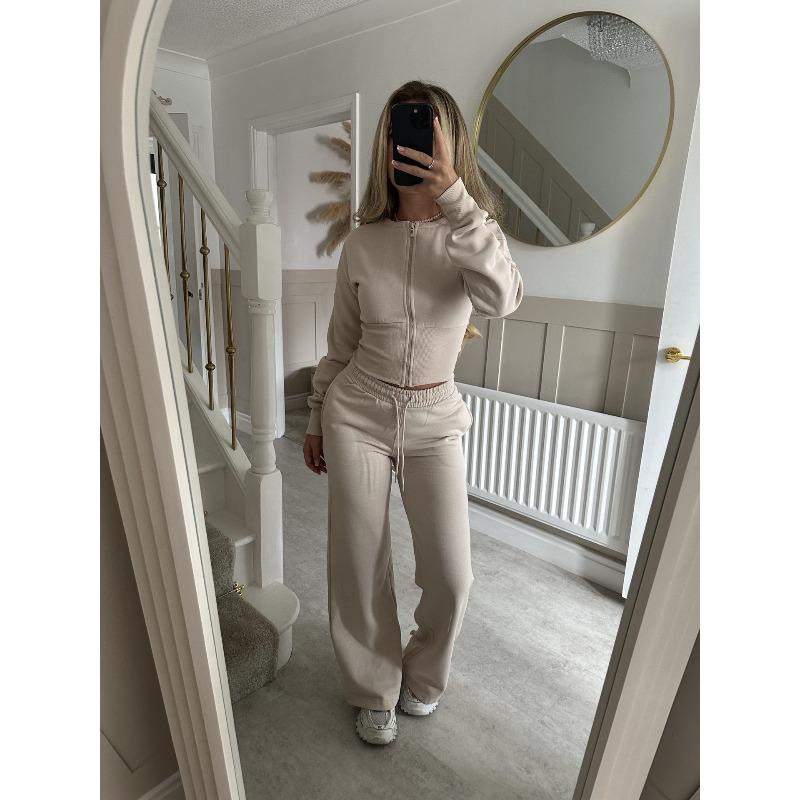 

Женский модный новый повседневный комплект на осень/зиму - однотонный кардиган на молнии и брюки прямого кроя L абрикосовый