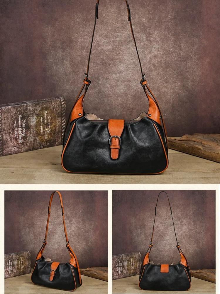 Johnature Genuine Leather Retro Women's Bag Solid Color Soft Cowhide Large Capacity Shoulder Crossbody Bag