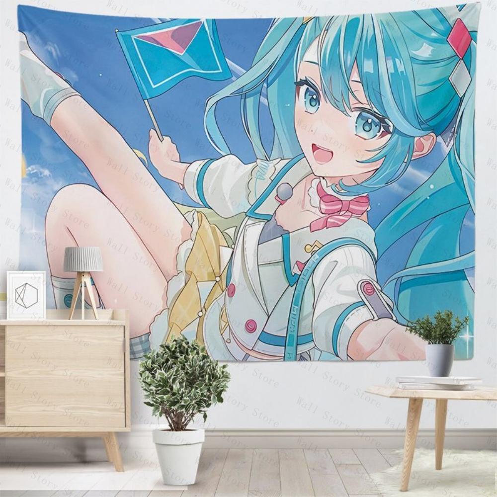 Kawaii Anime Wall Tapestry Blue Haired Idol Character Wall Art Modern Anime Room Decor Soft Fabric Tapestry Bedroom Tapestry
