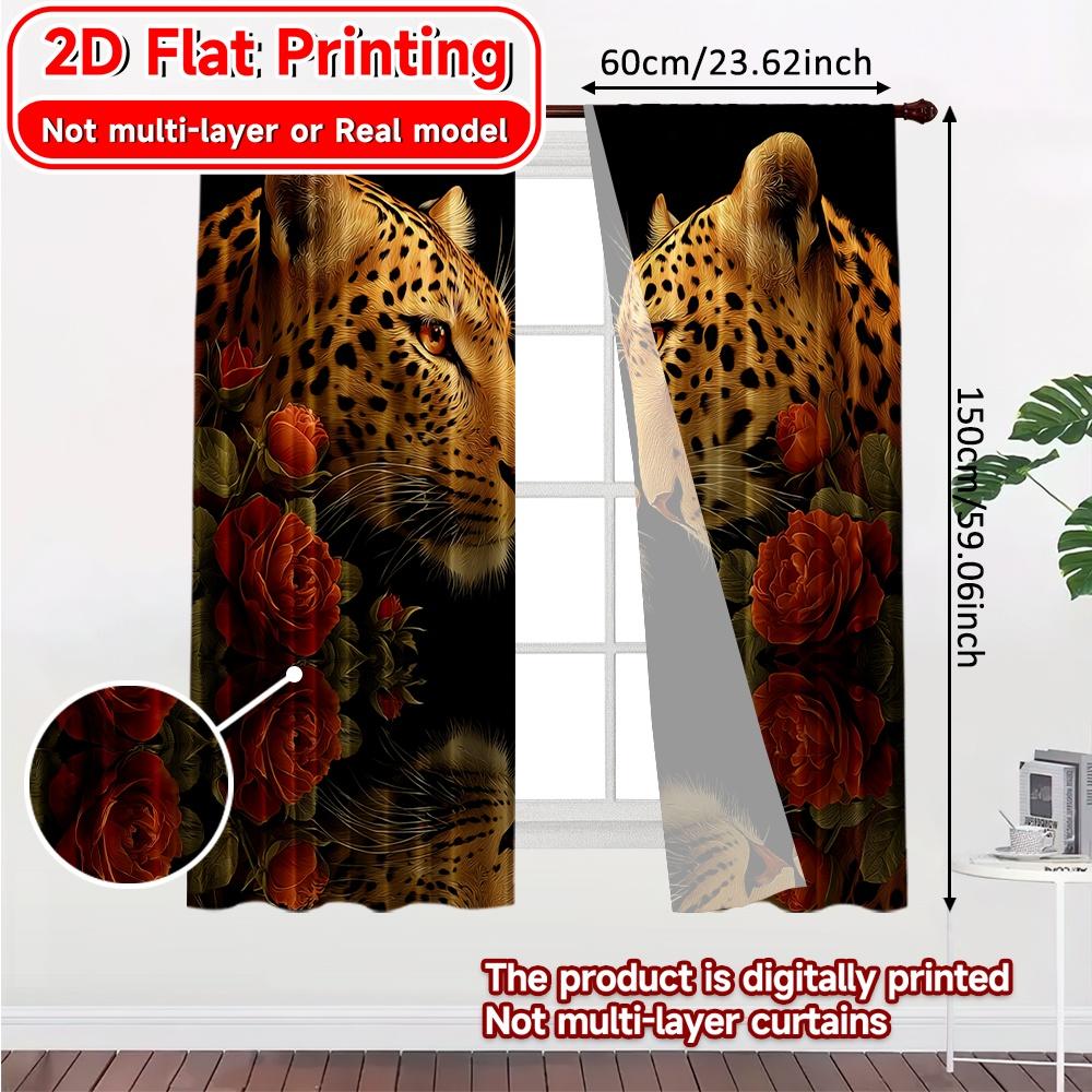 Set Of 2 Flat Printing Curtains Without Rod Leopard Roses Reflection Valentine Is Day Festival Creative Semi Light Filtering Made Polyester