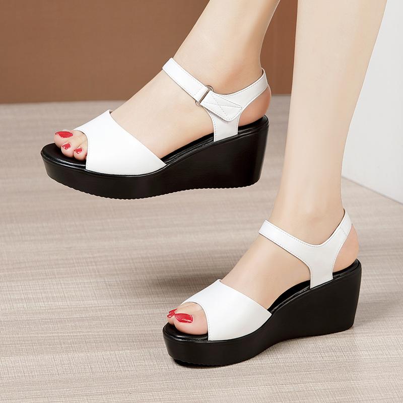 Cowhide Wedges Sandals Summer Women's Genuine Leather Shoes Platform Sandals Ladies High Heel Shoes Women Casual Flats 32-43