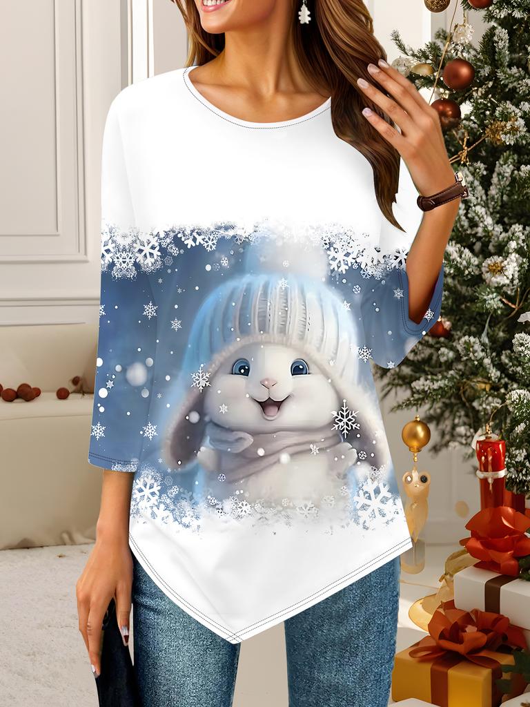 Women's Loose Round Neck Three Quarter Sleeve Tee 3D Christmas Pattern Ideal Halloween and Christmas Gift
