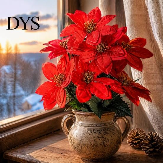 Indoor Holiday Ornament for Mantel Artificial Poinsettia Flowers, Christmas Red Bouquet with Berries, Faux Silk Maintenance Free Plant Decor