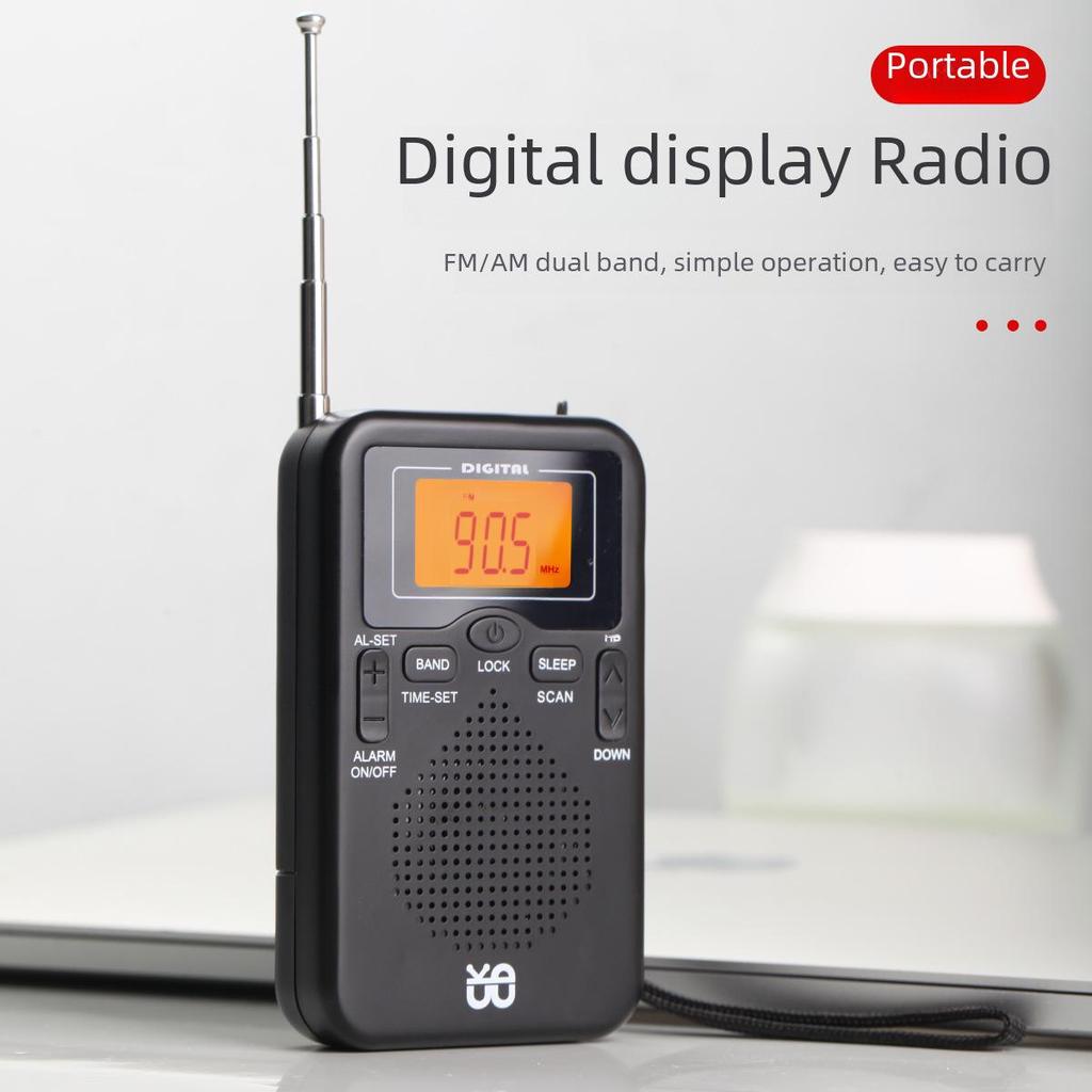 Radio stereo tascabile FM/AM con orologio W-206: Design quadrato portatile ed elegante