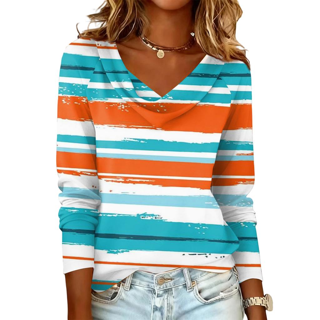 Ladies' Striped Printed Casual and Fashionable Long Sleeved Pullover Top