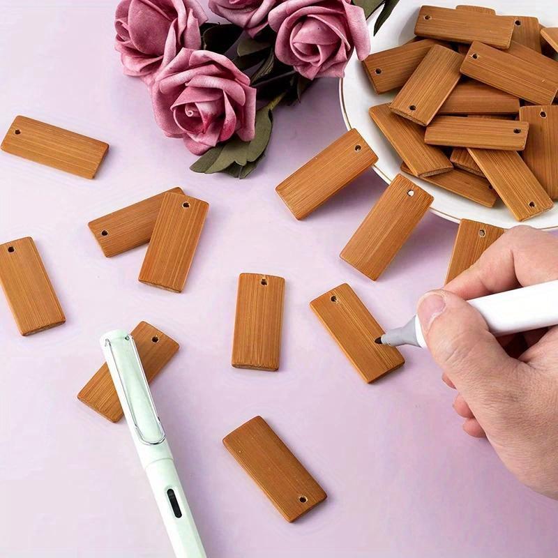 100Pcs 45X20mm Rectangle Tags Bamboo Tags for Keychain Rings, Bamboo Unfinished Wood Key Ring Tag
