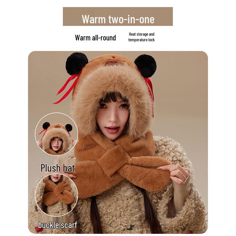 2025 Women's Capybara Warm Plush Hat Scarf Combo - Winter Windproof & Cold-Proof