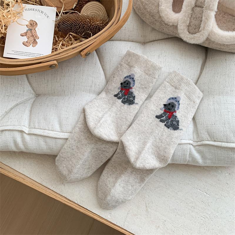 Female Autumn Winter Thickened Warm Cute Cartoon Sled Dog Wool Drum Pile Socks