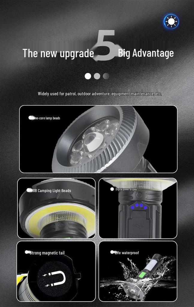 High-Brightness Magnetic USB Rechargeable Flashlight with Side Light for Outdoor Use