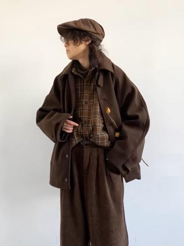 Unisex Retro Japanese Woolen Coat - Single-Breasted, Loose Fit, Raglan Sleeve