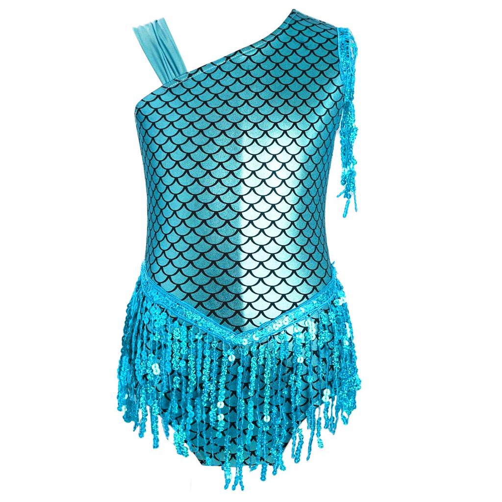 Girls Metallic Fish Scale Dance Leotard Bowknot Back Design Sparkly Sequins Tassels Bodysuit