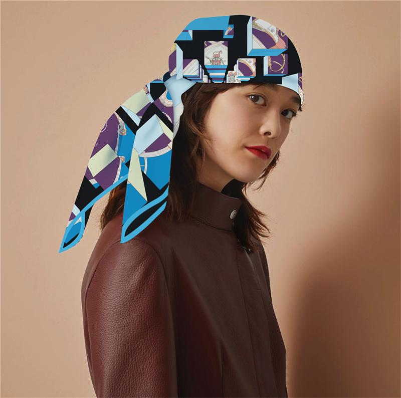 90x90cm New Design Shawl Geometric Printed Silk Scarf Square Scarves Lady Wraps Kerchief Woman Neck Shawl Wraps Echarpes