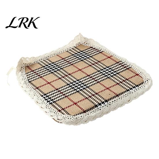 Cotton Linen Pads for Hard Chairs Chair Pad with Ties, Striped Plaid Mat Lightweight Seat Mats Lace Trim, Breathable Dining Office