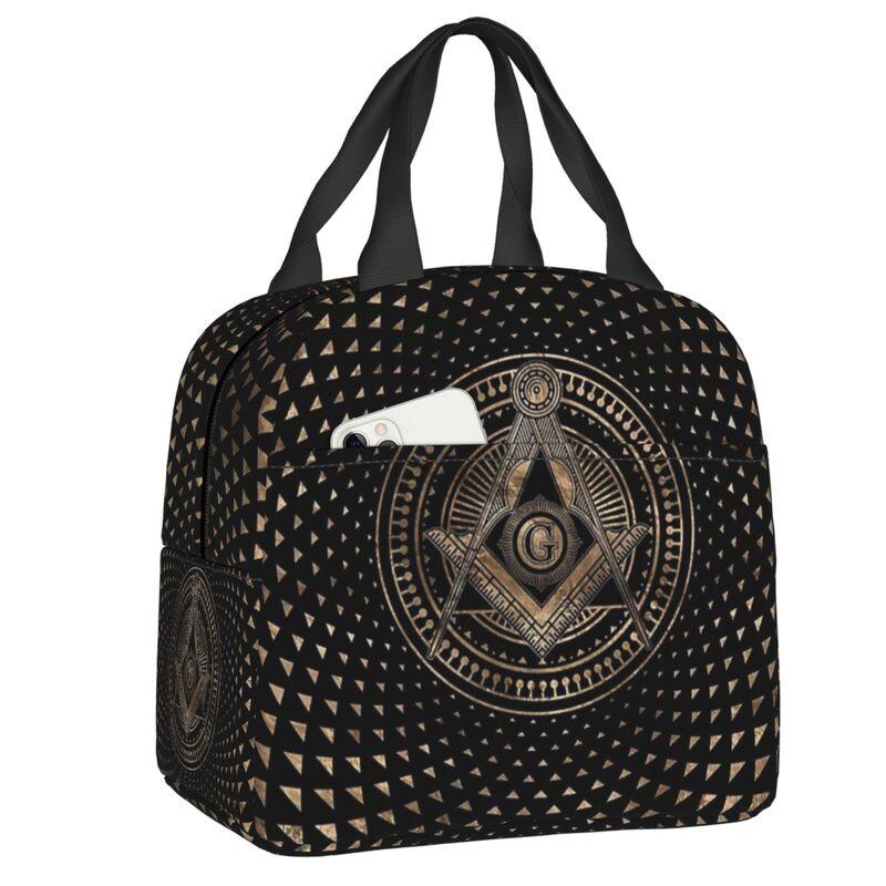 Custom Freemason Square & Compass Gold Masonic Thermal Insulated Lunch Bag Women Resuable Lunch Tote for Picnic Storage Food Box