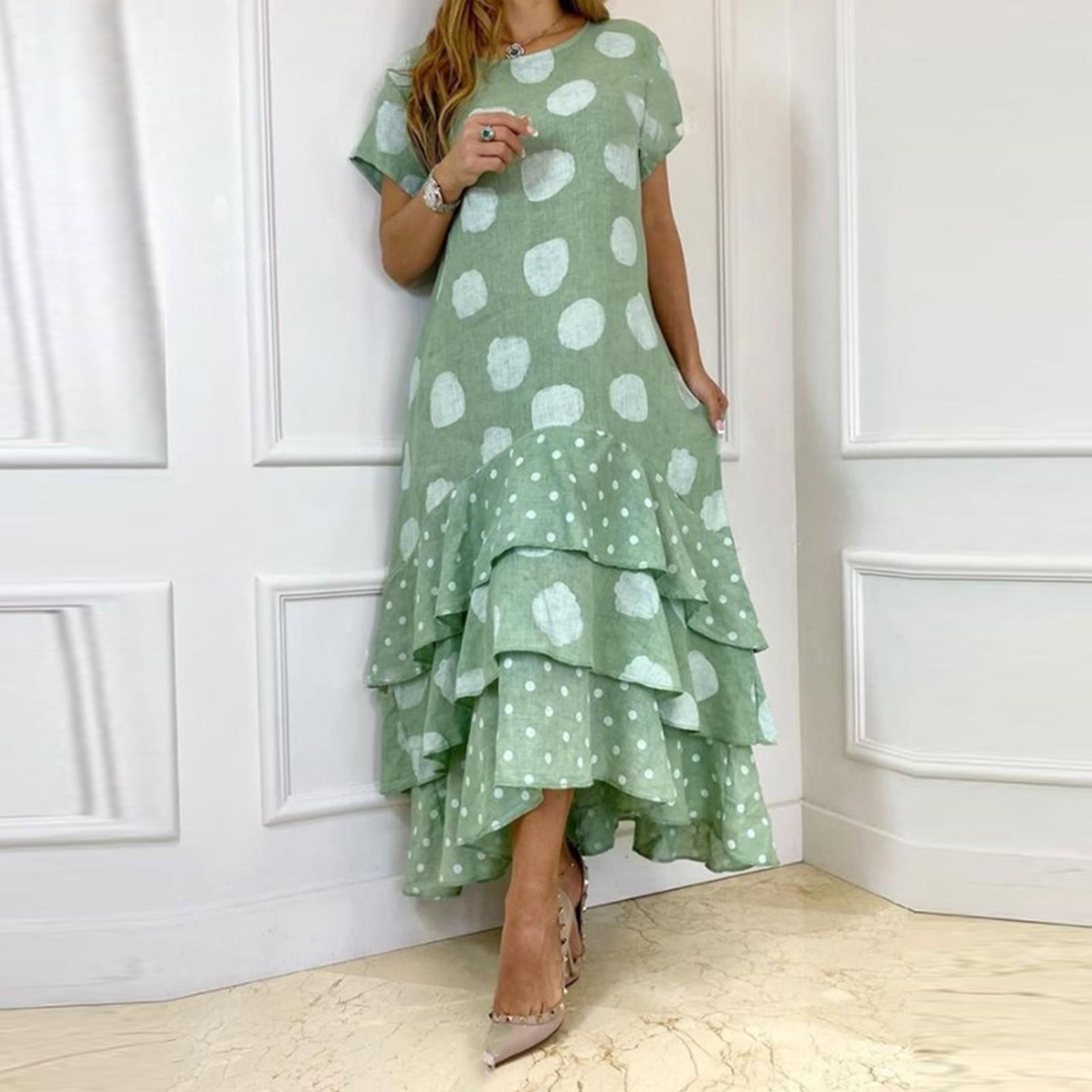 

(Куниде) Женские повседневные летние платья с короткими рукавами, весеннее лоскутное платье миди с круглым вырезом и цветочным принтом в стиле бохо XXXXL мятный зеленый