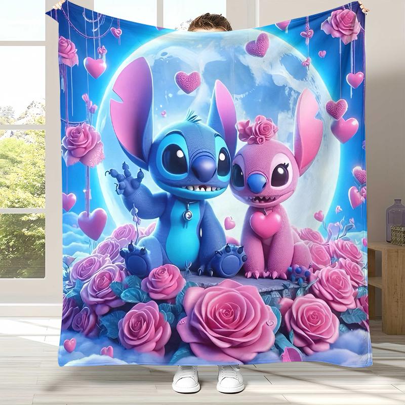 Cartoon Lilo Stitch Angel Flannel Blanket,Ultra Soft Warm Plush Throw for Home Bedroom Bed Sofa Cover Camping Picnic Gift