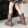 British Style Women's Soft Leather Riding Boots Belt Buckle Platform Chunky High Heel Mid-Calf Retro Brown Boots Bottes Femmes