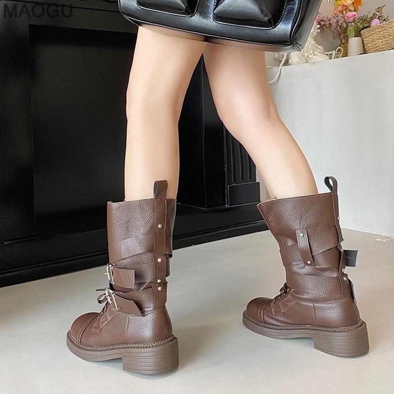 British Style Women's Soft Leather Riding Boots Belt Buckle Platform Chunky High Heel Mid-Calf Retro Brown Boots Bottes Femmes