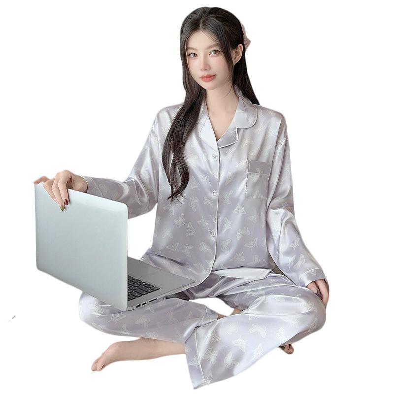 Dream Purple Butterfly Full Of Ice Silk Pajamas Women'S Long Sleeves Can Be Worn Outside Loungewear Two-Piece Set