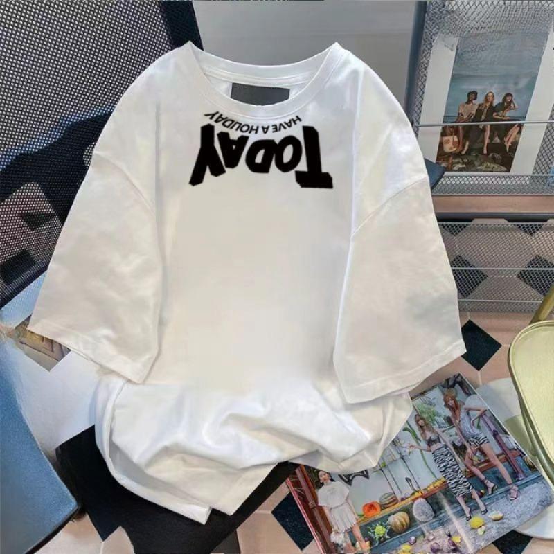 Women's Summer Trend Monogram Print Loose Shoulder Short Sleeve Top