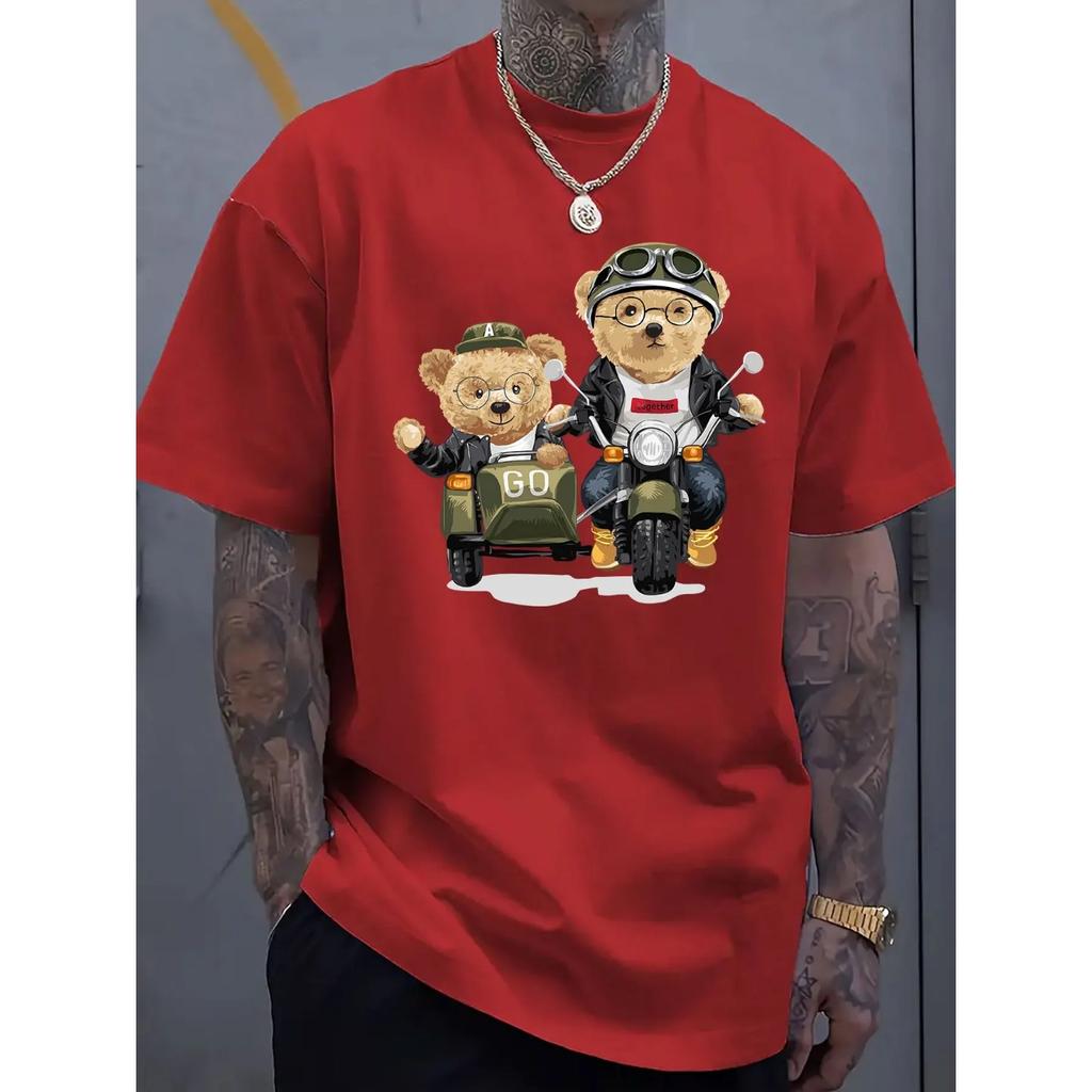 Summer 100 Cotton Fashionable Casual Sports Loose Cartoon Bear Pattern Printed Round Neck Short Sleeved Men's T-shirts