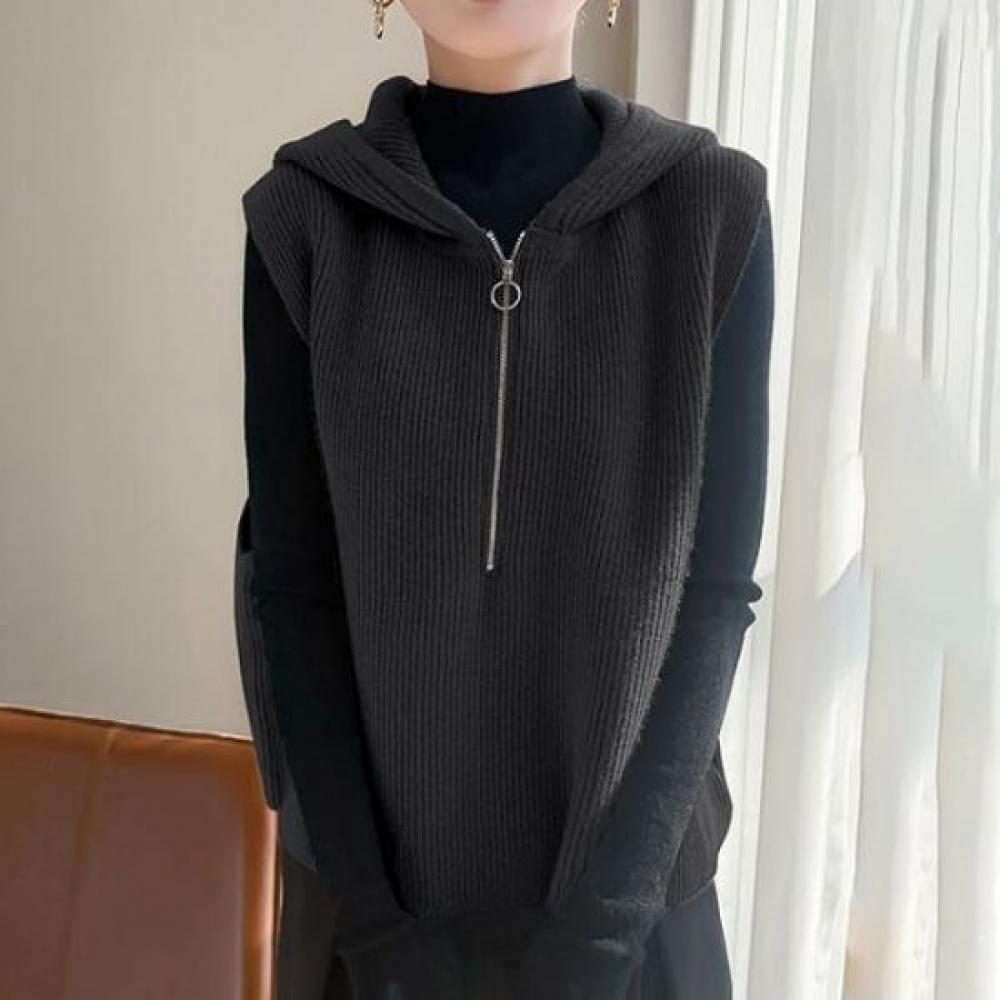 Navava Nk3532 Daily Simple Ribbed Half Zip Hoodie Knit Vest