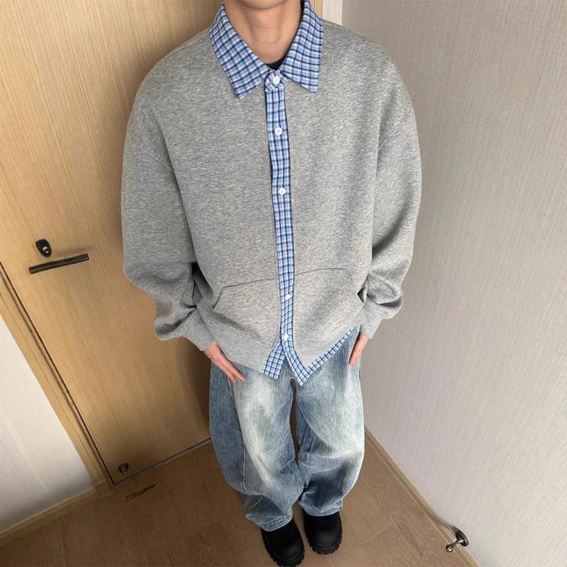Retro Fake Two-piece Sweater Cardigan Men's Autumn Plaid Couple Coat