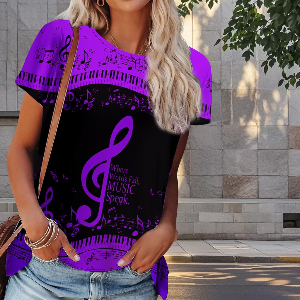 Women Summer T Shirt Musical Note Print Retro Fashion Short Sleeve Tees Casual   Printed  Tops